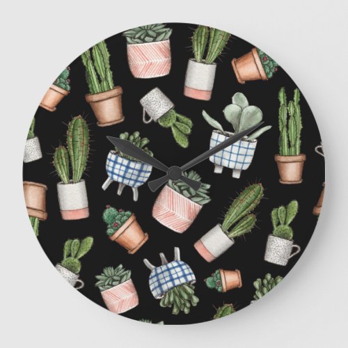 Watercolor Home Plants Black Seamless Large Clock