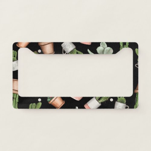 Watercolor Home Plants Black Seamless License Plate Frame