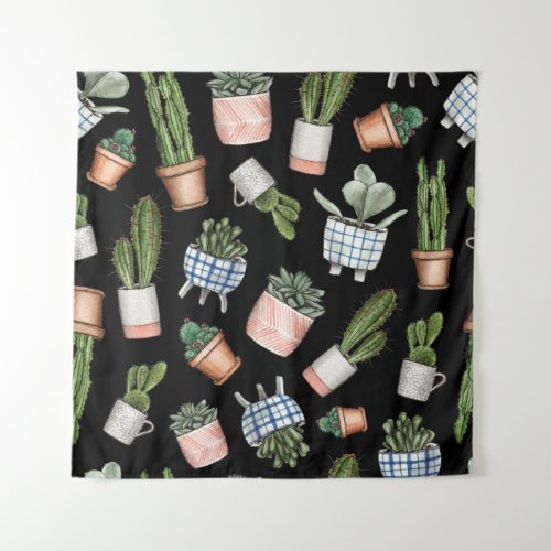 Watercolor Home Plants Black Seamless Tapestry