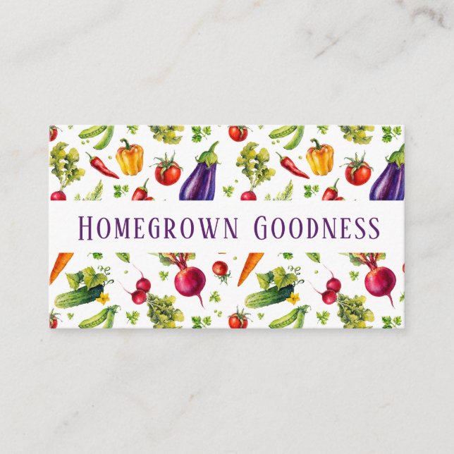 Watercolor Homegrown Vegetable Pattern Business Card (Front)