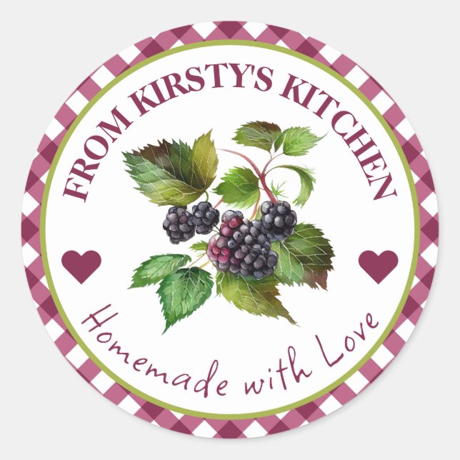 Watercolor Homemade Gingham Blackberry Jam Label (Front)