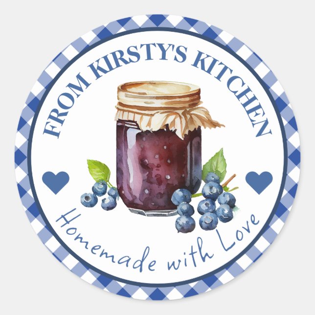 Watercolor Homemade Gingham Blueberry Jam Label (Front)