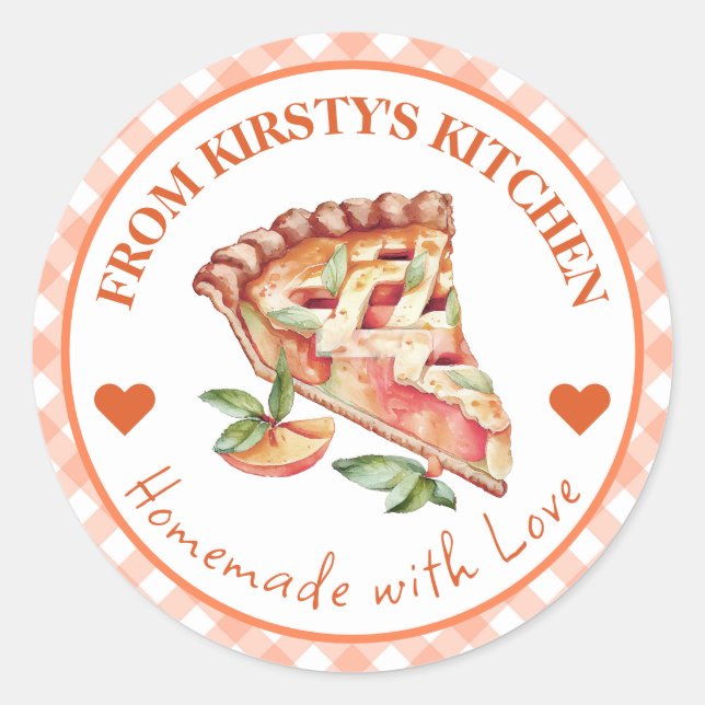 Watercolor Homemade Gingham Peach Pie Label (Front)