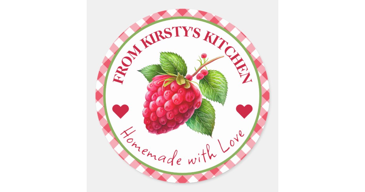 Watercolor Homemade Gingham Raspberry Label | Zazzle