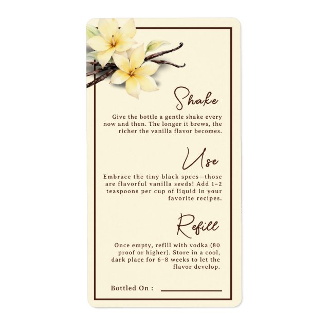 Watercolor Homemade Vanilla Extract Instruction Label (Front)