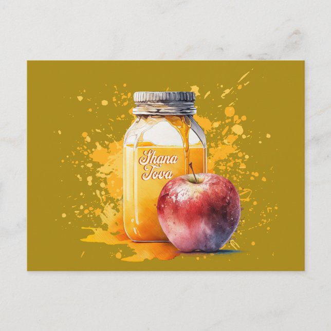 Watercolor Honey and Apple Shana Tova Postcard (Front)