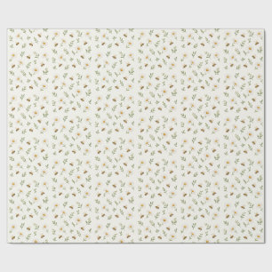 Watercolor Honey Bee Daisy Sage Green Wrapping Paper