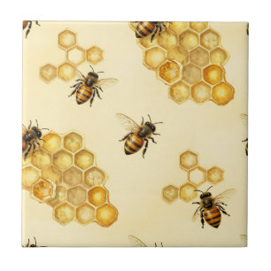 Watercolor Honey Bee Honeycomb Pattern Ceramic Tile