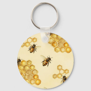 Watercolor Honey Bee Honeycomb Pattern Keychain