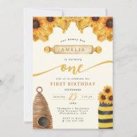 Watercolor Honey Bee Sunflower First Birthday Invitation