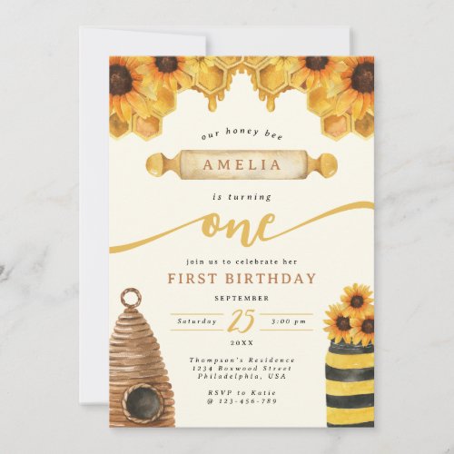 Watercolor Honey Bee Sunflower First Birthday Invitation