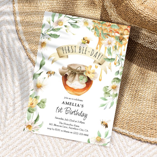 Watercolor Honey First Bee-Day 1st Birthday Invitation (Creator Uploaded)
