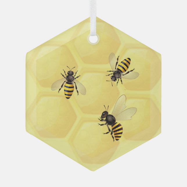 Watercolor Honey Honeycomb Bee Bees Glass Ornament (Front)