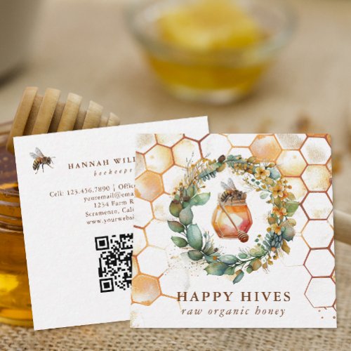Watercolor Honeycomb  Honey Jar Beekeeper Square Business Card