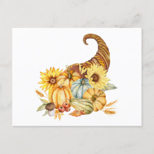 Watercolor Horn of Plenty with Pumpkins, Sunflower Postcard