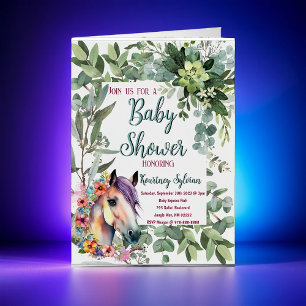 Watercolor Horse and Botanical Baby Shower Invite Foil Greeting Card