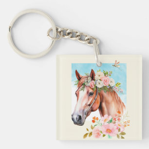 Watercolor Horse and Flowers Acrylic Keychain