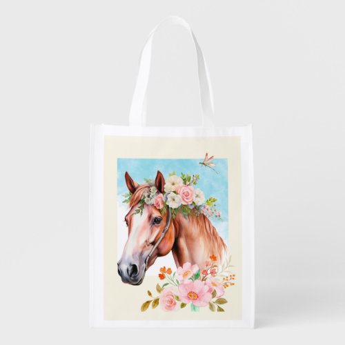 Watercolor Horse and Flowers Art Reusable Grocery Bag