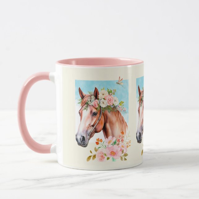 Watercolor Horse and Flowers Ceramic Mug (Left)