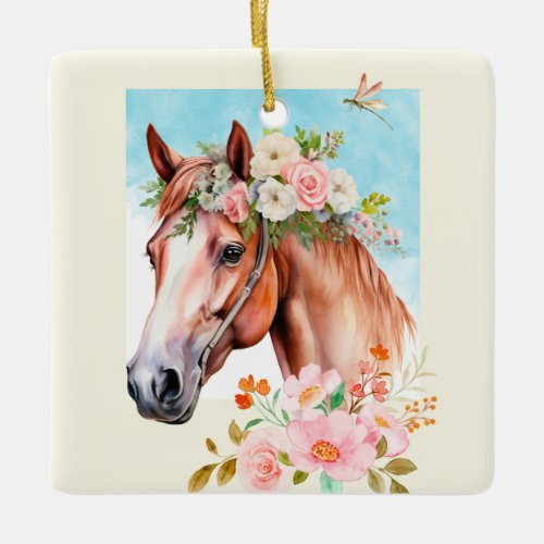 Watercolor Horse and Flowers Double Sided  Ceramic Ornament
