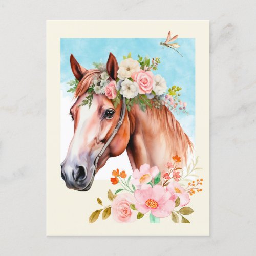 Watercolor Horse and Flowers Postcard