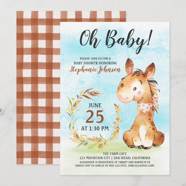 Watercolor Horse Baby Shower Farm Invitation (Front/Back)