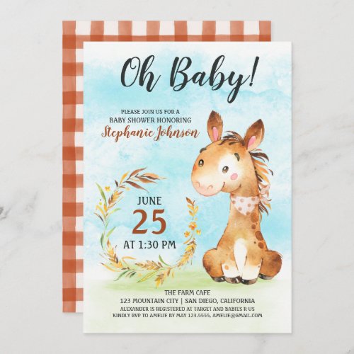 Watercolor Horse Baby Shower Farm Invitation