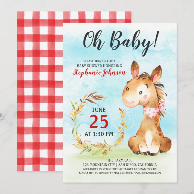 Watercolor Horse Baby Shower Farm Invitation (Front/Back)