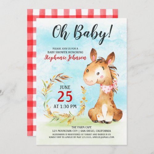 Watercolor Horse Baby Shower Farm Invitation