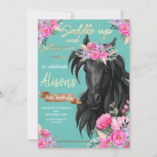 Watercolor horse birthday cowgirl invitation