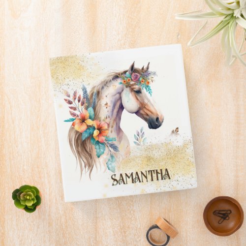 Watercolor horse boho floral country rustic name 3 ring binder