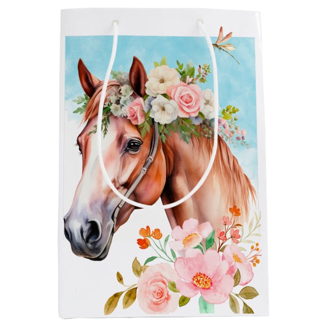 Watercolor Horse Flowers  Medium Gift Bag (Front)