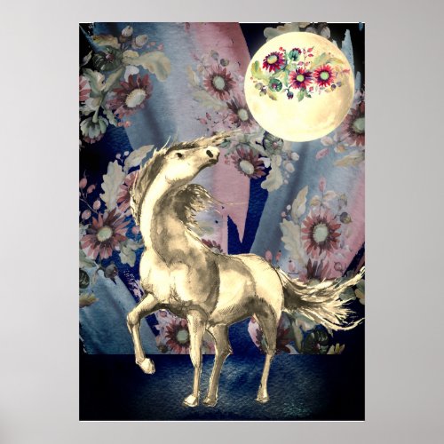 Watercolor Horse Full Moon and Flowers  Poster