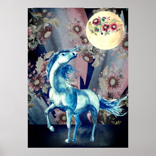 Watercolor Horse Full Moon and Flowers Poster