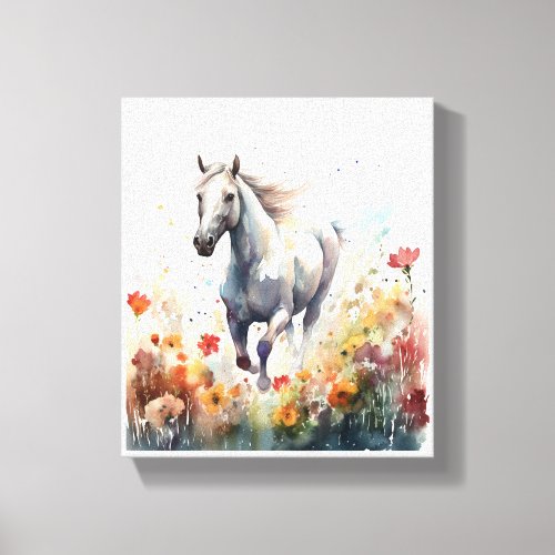 Watercolor Horse Galloping Through A Field Canvas Print