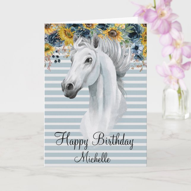 Watercolor Horse Head Happy Birthday Sunflower  Card (Orchid)
