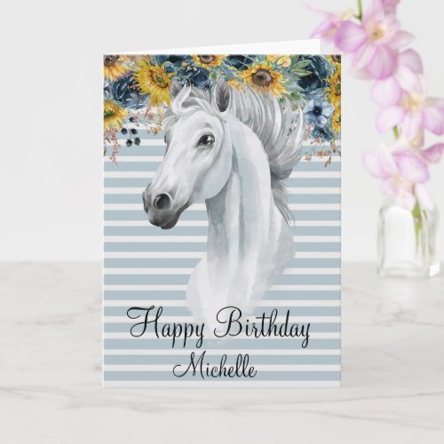 Watercolor Horse Head Happy Birthday Sunflower  Card