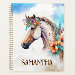 Watercolor horse head tropical boho flowers name planner
