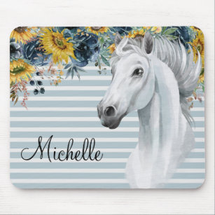 Watercolor Horse Head with Sunflower Name custom  Mouse Pad