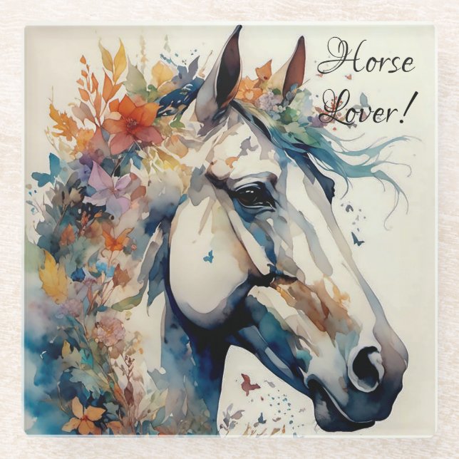 Watercolor Horse Lover Painting Glass Coaster (Front)