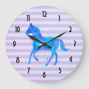 Watercolor Horse on Horizontal Stripes Large Clock