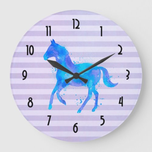 Watercolor Horse on Horizontal Stripes Large Clock