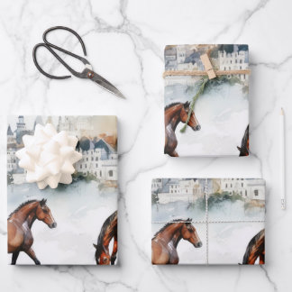 Watercolor Horse Portrait with Pastel Background Wrapping Paper Sheets
