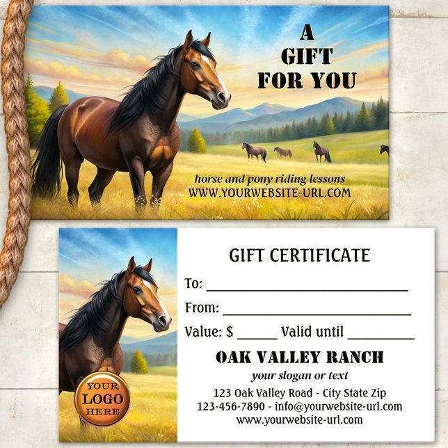Watercolor Horse Riding Lessons Gift Certificate (Artistic gift certificate featuring horses in a watercolor landscape - horse and pony riding lessons)