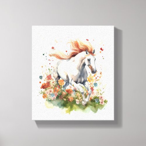 Watercolor Horse Running Through a Field Canvas Print