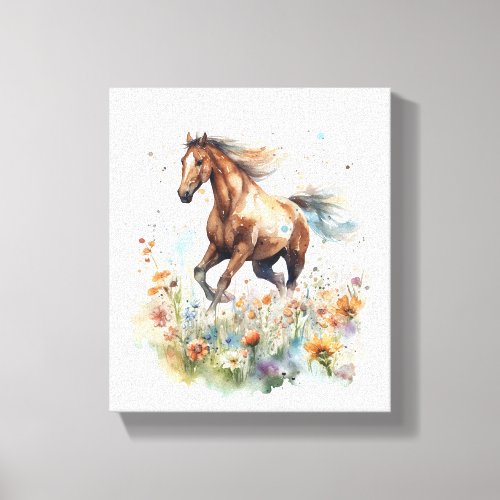 Watercolor Horse Running through a Field Canvas Print