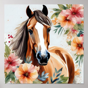 Watercolor Horse Surrounded by Flowers Poster