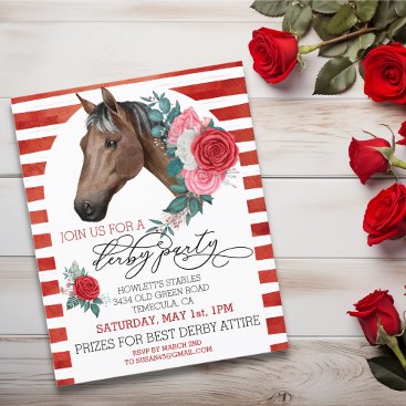 Watercolor Horse Thoroughbred Derby Party Red Rose