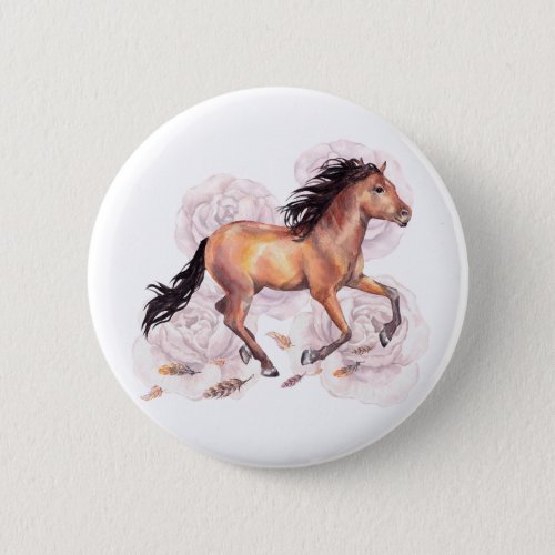 Watercolor Horse Wild With Flowers Boho Background Button