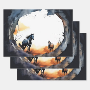 Watercolor Horses and Sunset Silhouette Wrapping Paper Sheets